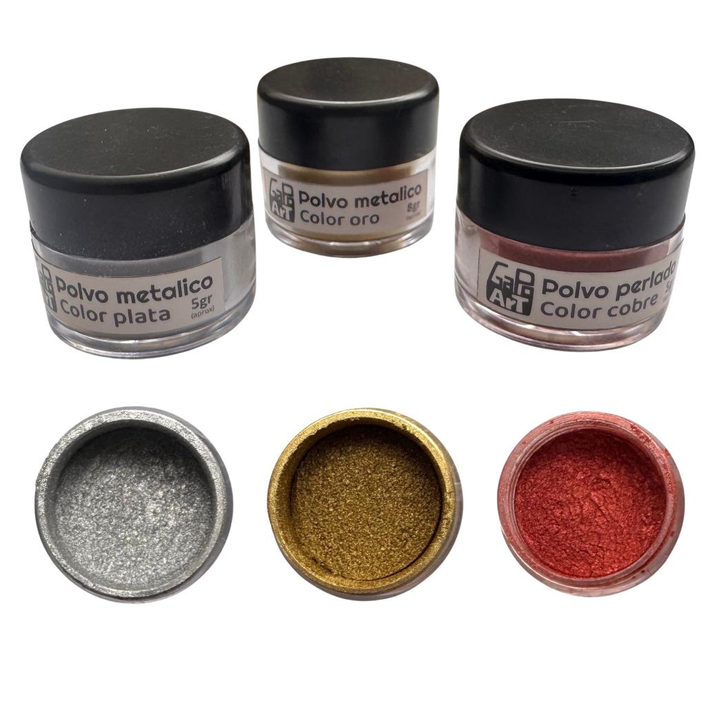 Polvo Metalizado para Arcilla Polimérica GapoArt – Plata, Oro y Cobre Perlados